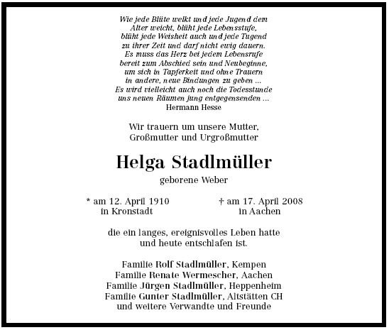 Weber Helga 1910-2008 Todesanzeige